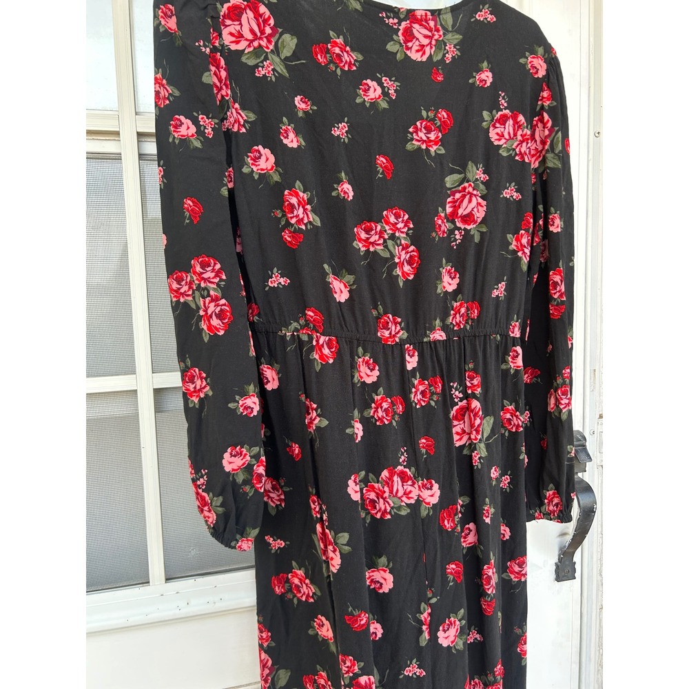 Stradivarius Womens Red Rose Floral V-Neck High-Low Midi Dress L Dark Romantic - Picture 7 of 10